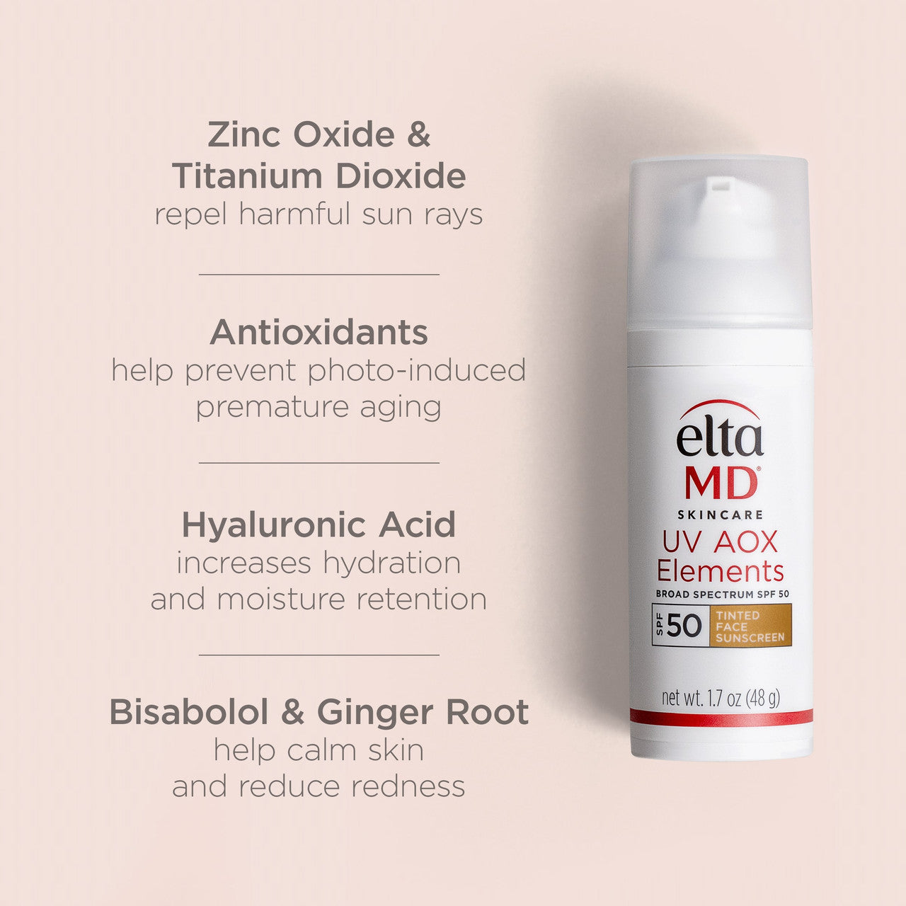EltaMD UV AOX Elements Broad-Spectrum SPF 50 Tinted 1.7 fl oz - SkinElite - ingredients