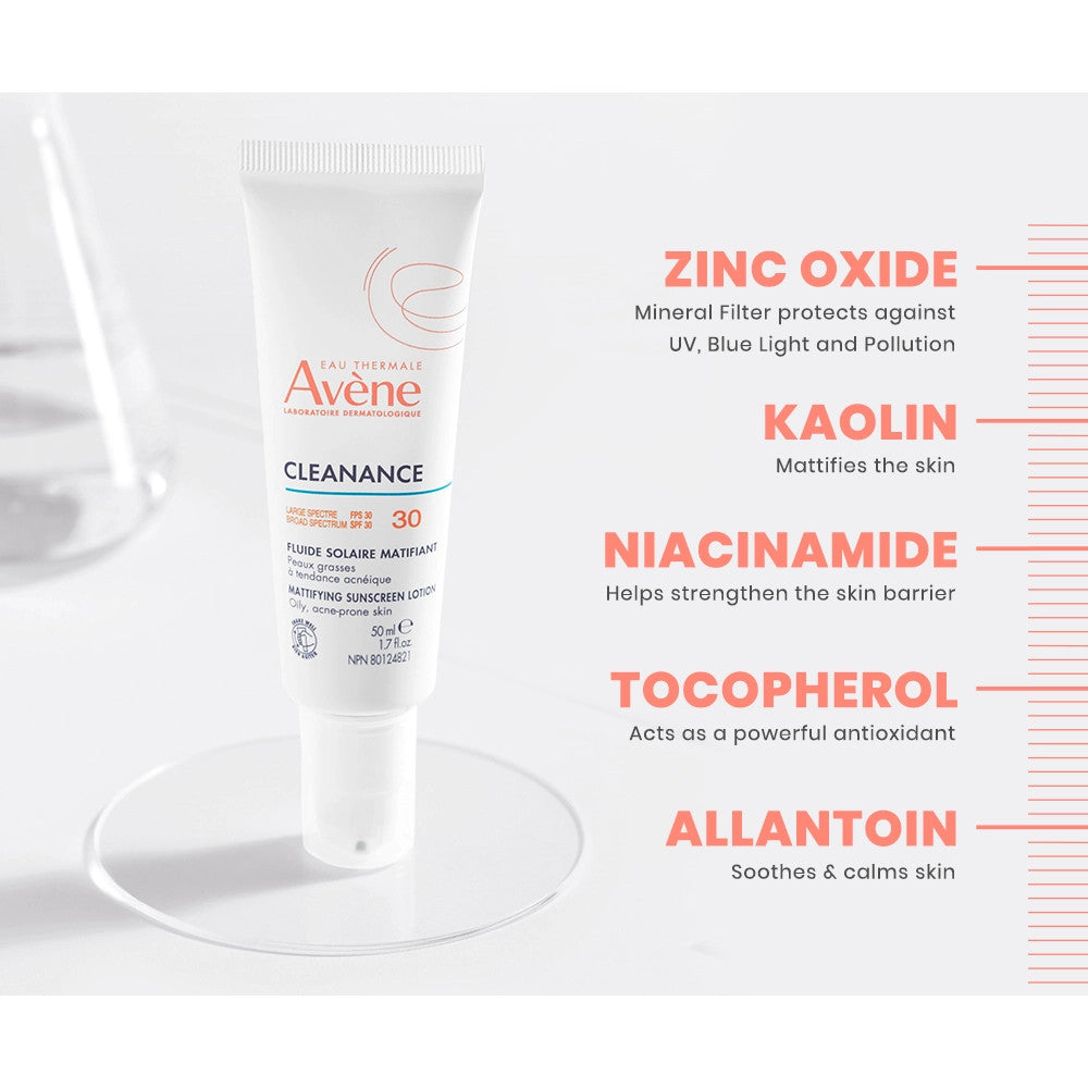 Avène Cleanance Mattifying Sunscreen Lotion SPF 30 1.7 oz - Skin Elite - ingredients