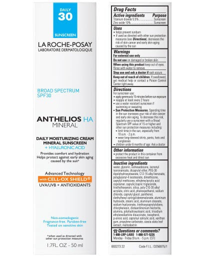 La Roche-Posay Anthelios Mineral Sunscreen Moisturizer SPF 30 + Hyaluronic Acid 1.7 fl oz box