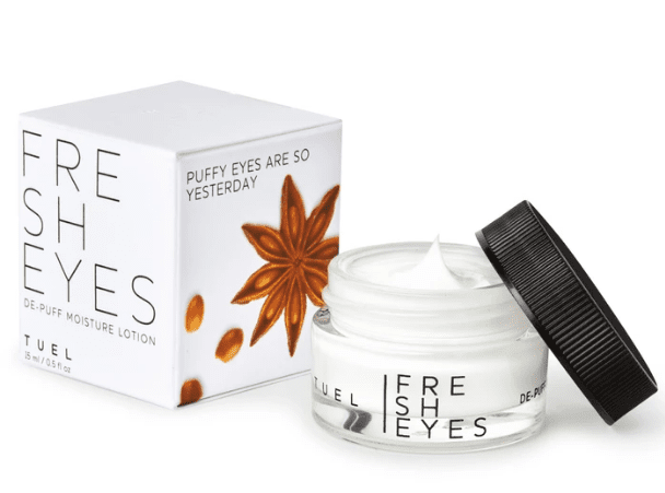 Tuel Fresh Eyes De-Puff Moisture Lotion 0.5 fl oz. box and bottle