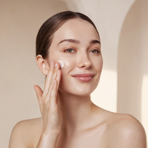 Woman applying minimalistic skin care routine moisturizer