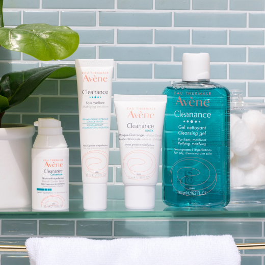 Image of Avene Clenance products on a bathroom shelf
