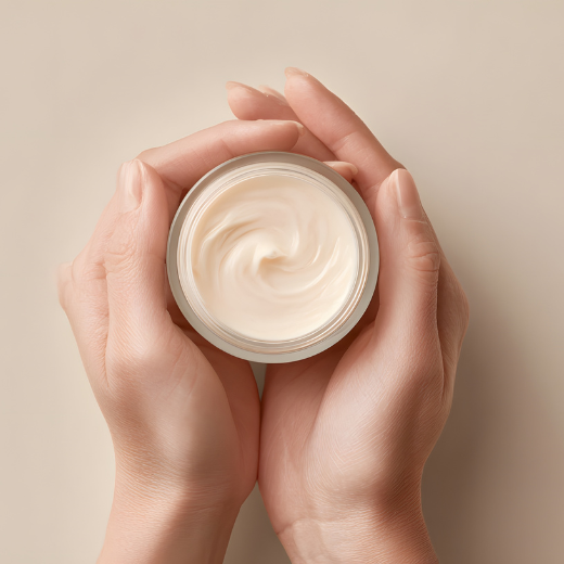 Image of hand model holding a container of moisturizer