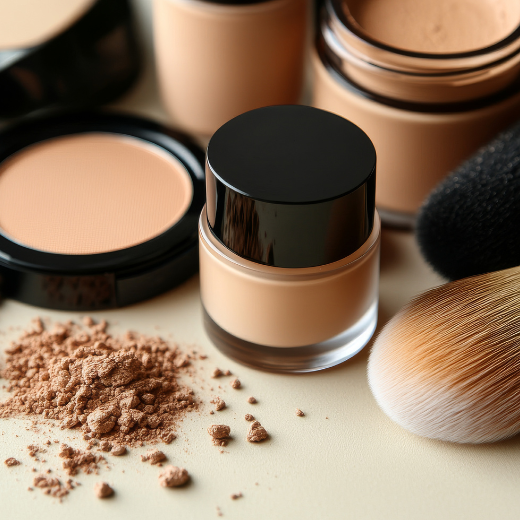 Image of various make up products next to a brush
