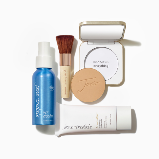 Collection of Jane Iredale products including Hydration Spray, Handi Brush, Pressed Powder and Primer