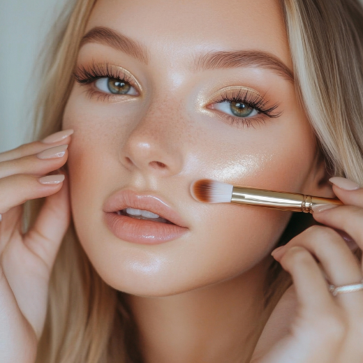 Woman applying makeup after skincare routine