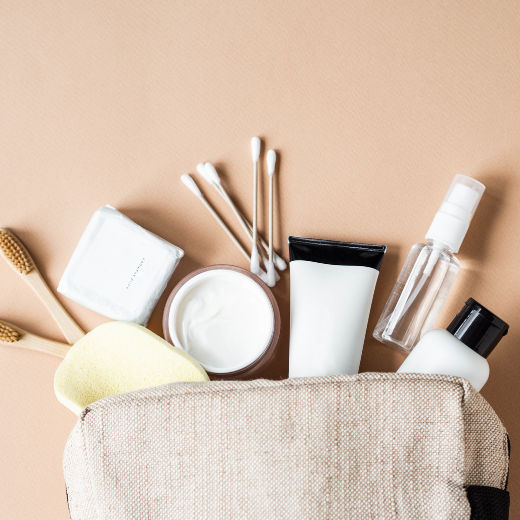 Travel beauty bag with small skincare and beauty items