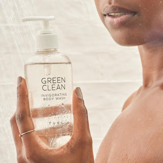 Woman Holding Tuel Green Clean Invigorating Body Wash